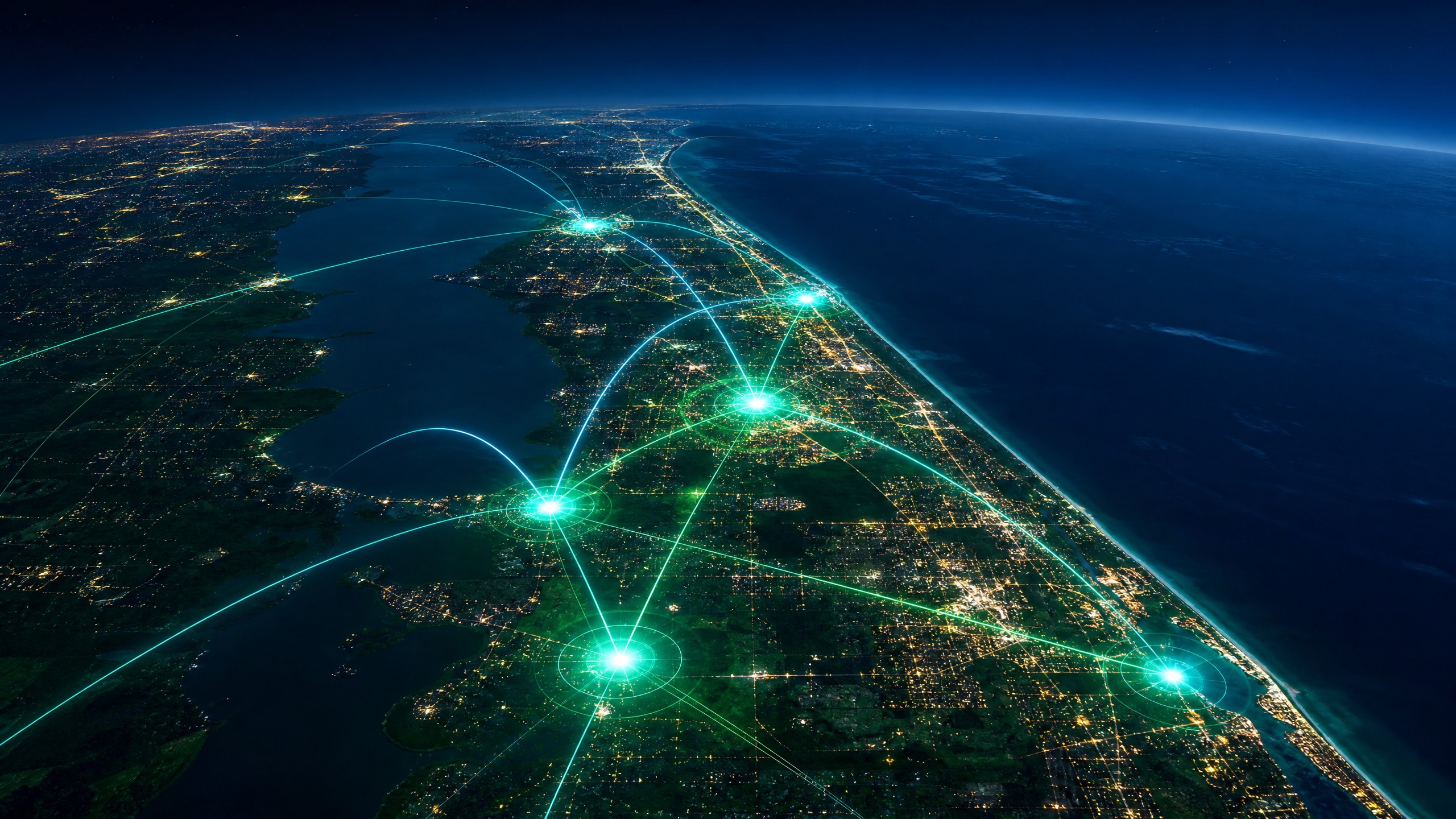 Satellite night view of Florida's Space Coast and Treasure Coast showing AI service network connecting Palm Bay, Melbourne, Brevard County and surrounding communities