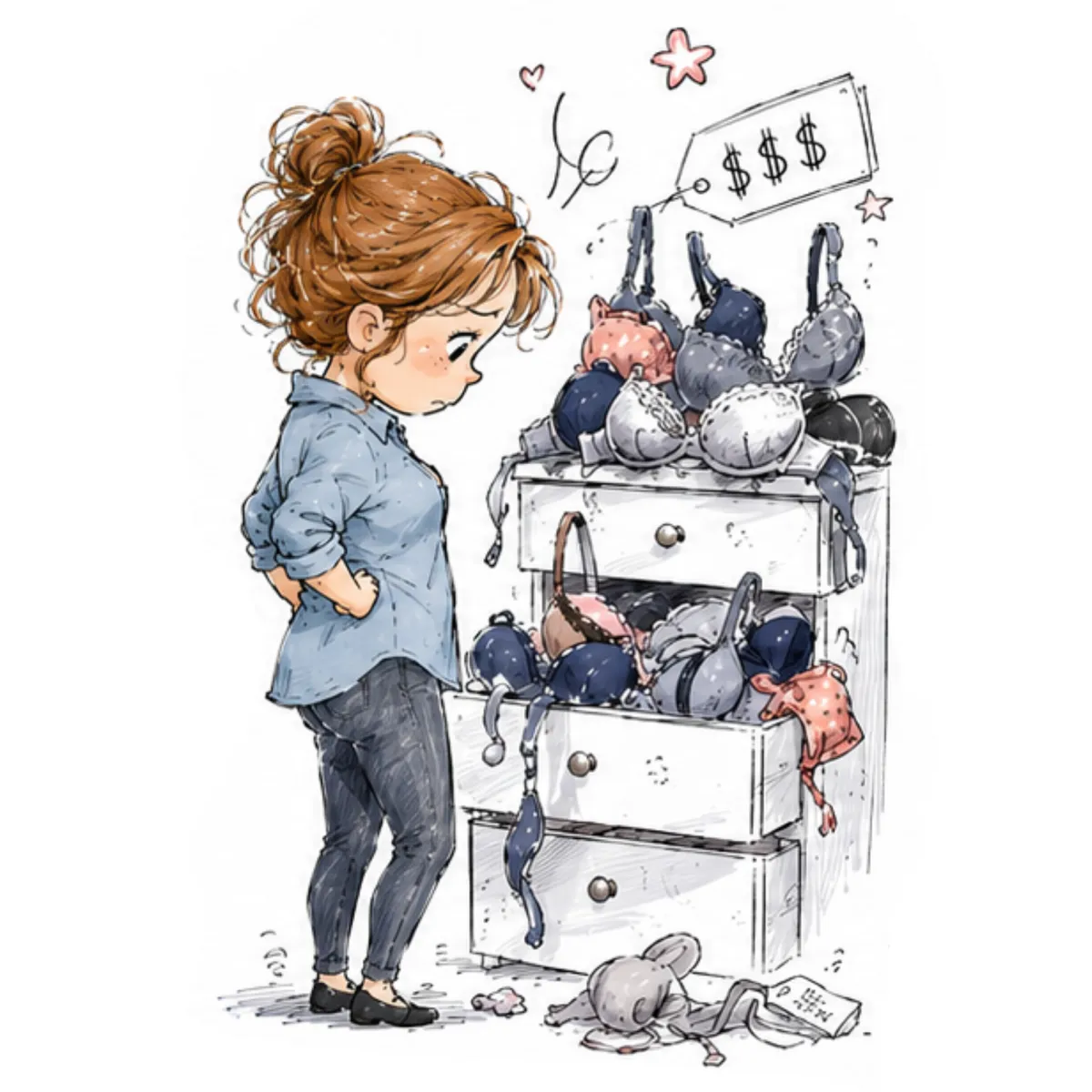 girl lokig a drawer full bras that did not work