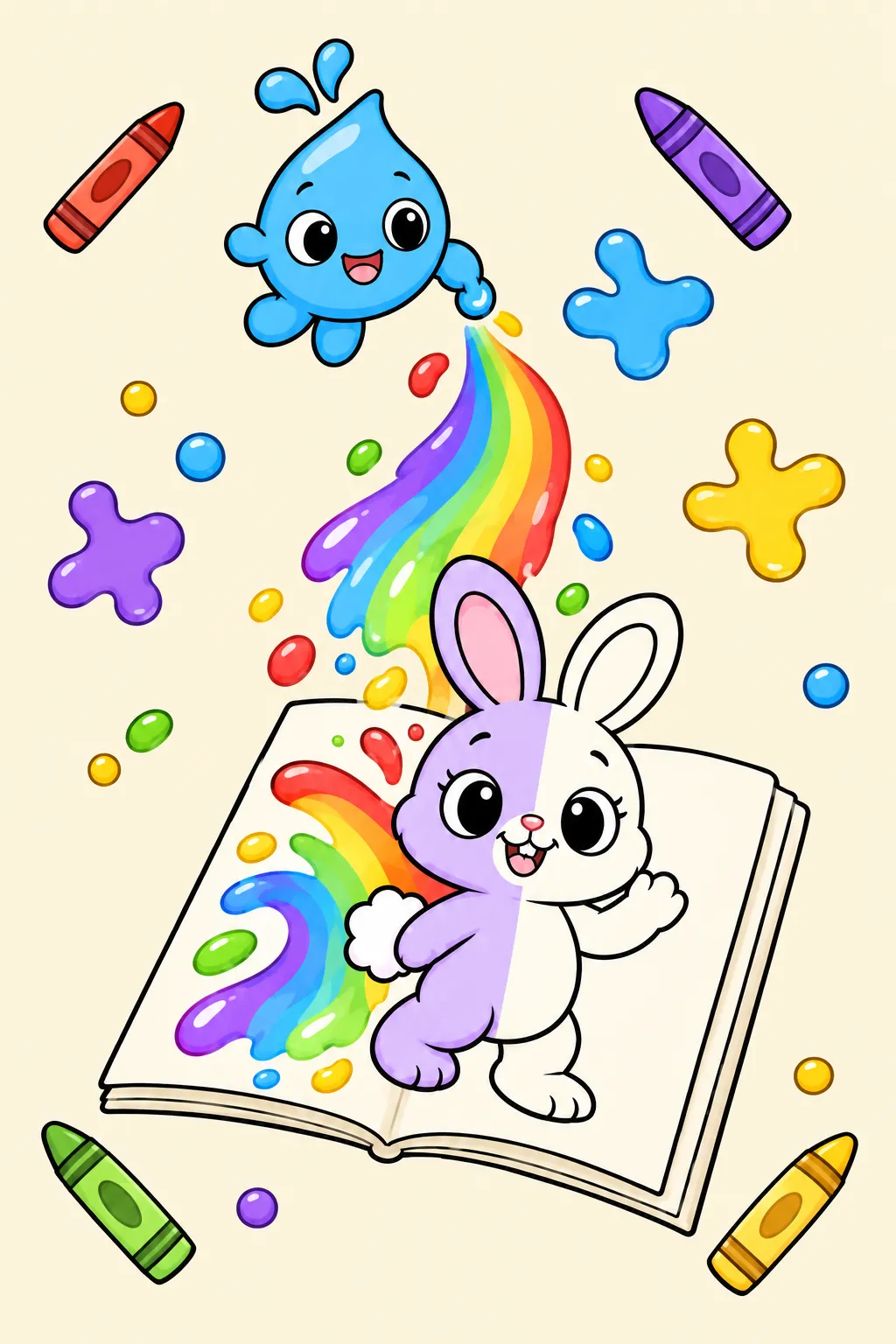 Vibrant, cute cartoon illustration of a friendly blue paint drop character pouring a rainbow from a small can onto an open storybook. A happy half-purple, half-white bunny stands on the book. Floating around them are colorful crayons, paint splatters, and bubbles.