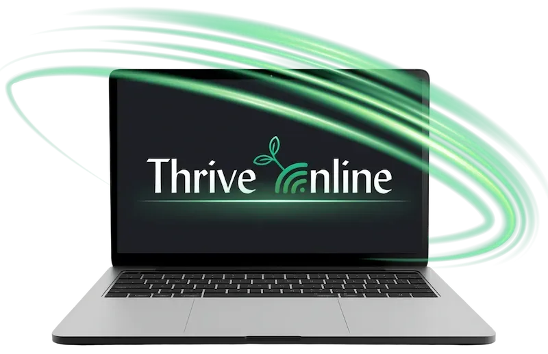 laptop with thrive online logo and neon green swirls