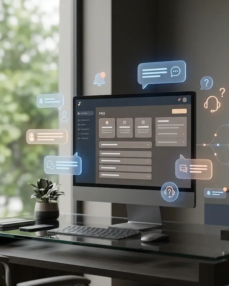A desktop computer on a glass desk displays a FAQ page, with digital chat and notification icons floating around the screen; a potted plant sits beside the monitor.