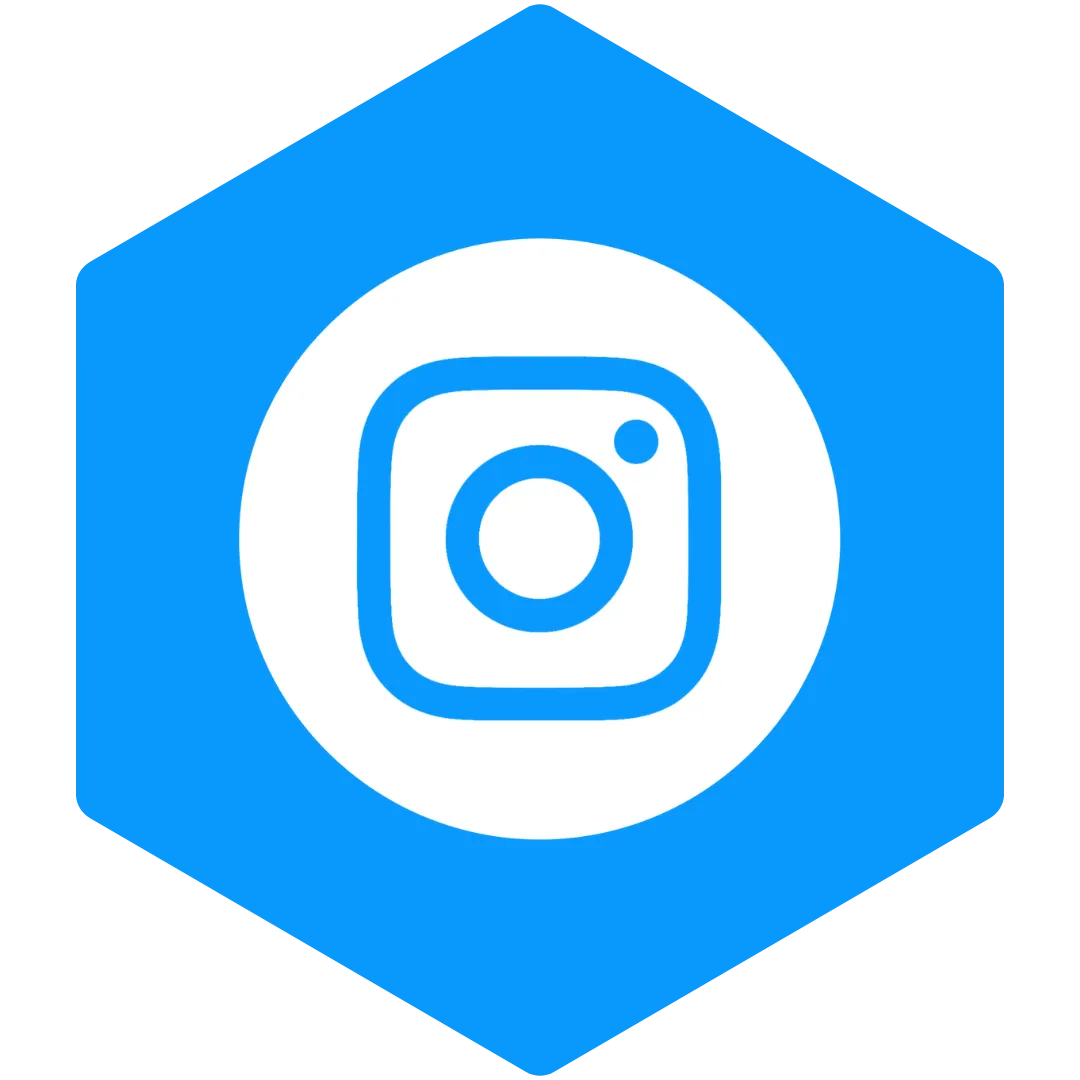 Blue hexagonal Instagram icon linking to OPG Accelerate’s official Instagram page for digital marketing content and brand updates.