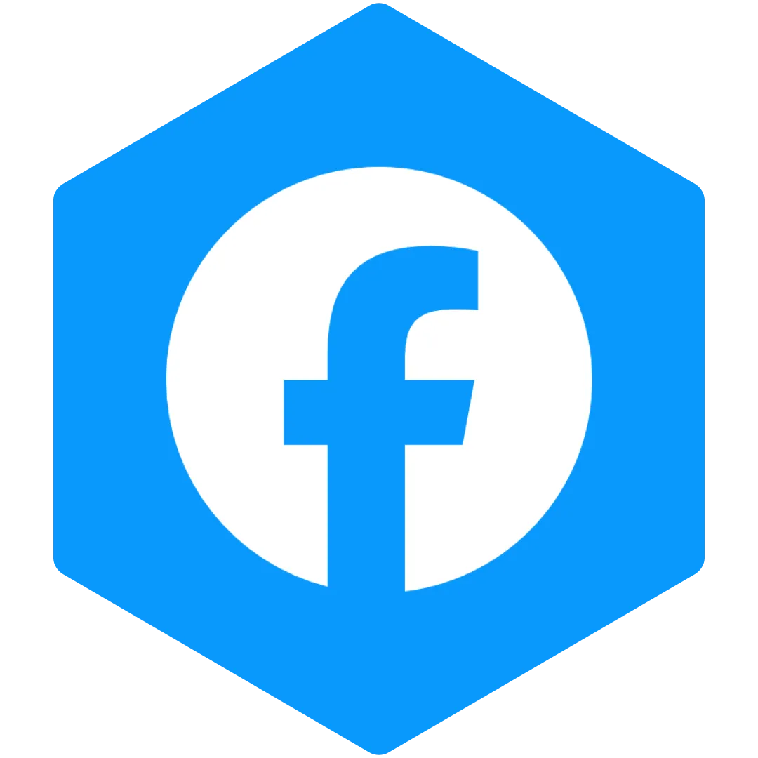 Blue hexagonal Facebook icon linking to OPG Accelerate’s official Facebook page for social media marketing insights and updates.