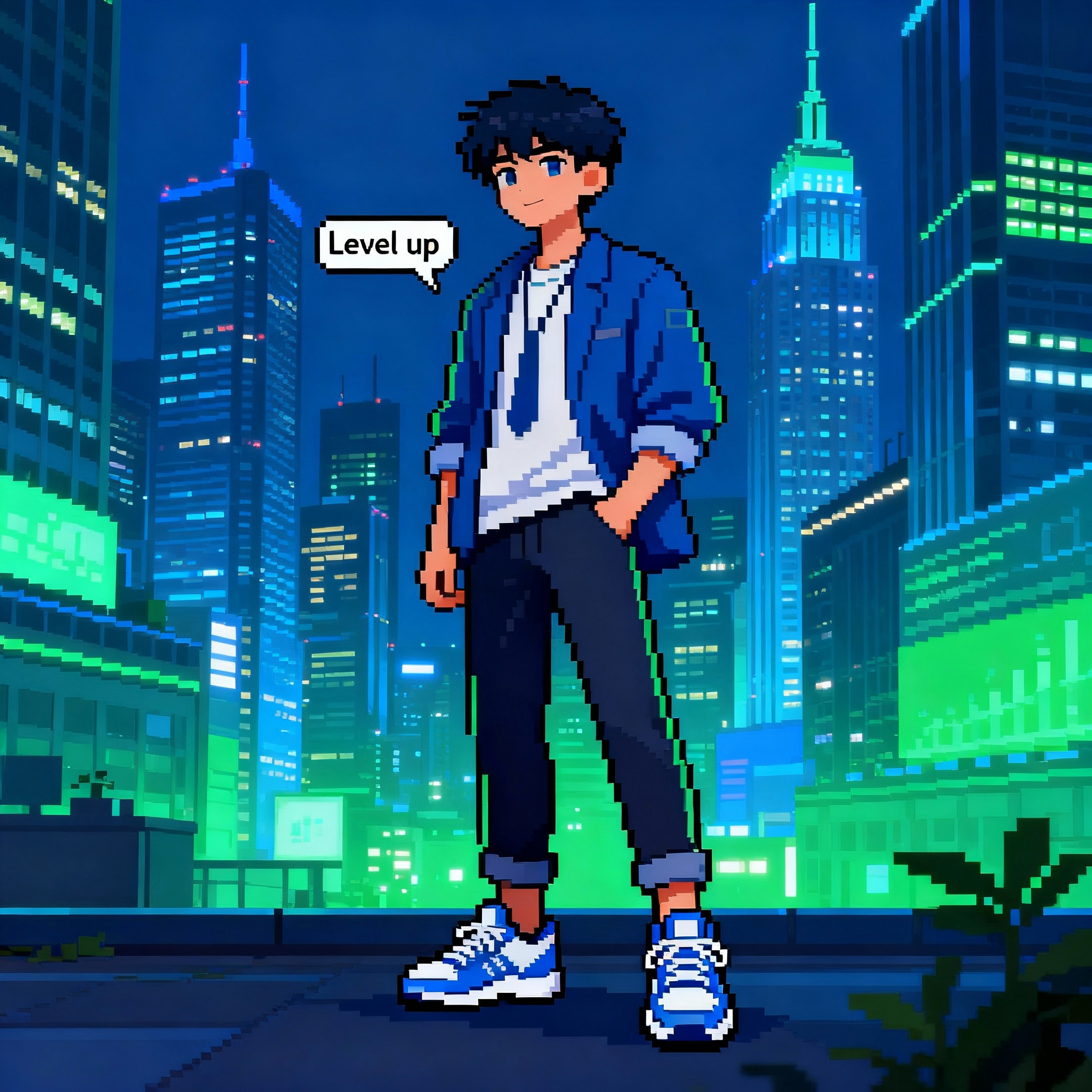 A pixel art scene of a blue and green financial district with a young business owner in modern streetwear and sneakers, confidently leveling up amid urban skyscrapers.
