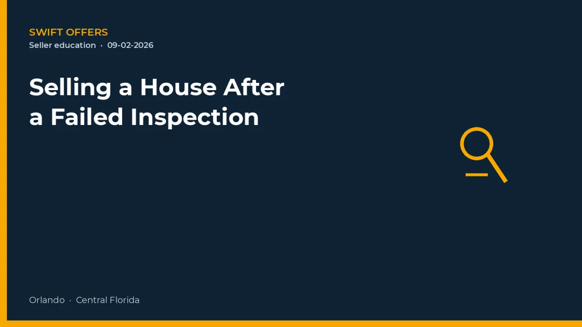 Navy editorial graphic with a magnifying-glass outline for selling after a failed inspection
