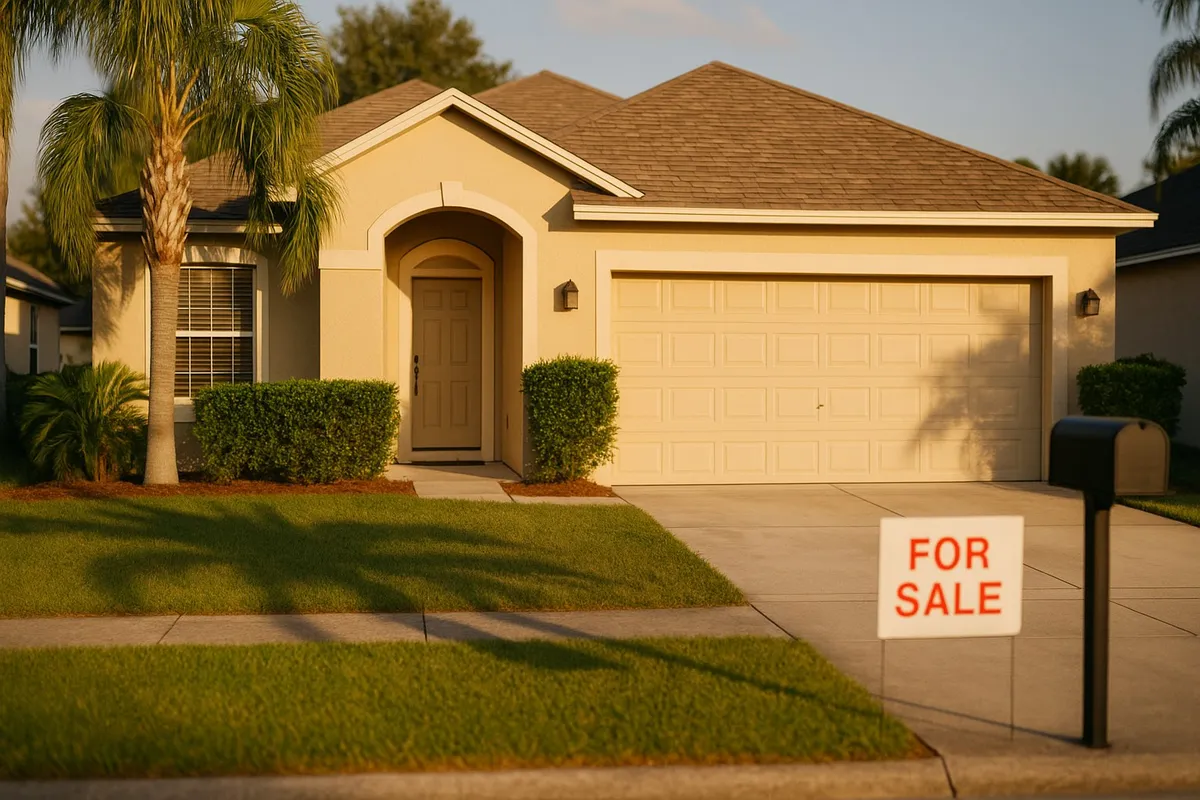 Sunlit Central Florida suburban house with a simple For Sale sign on the lawn