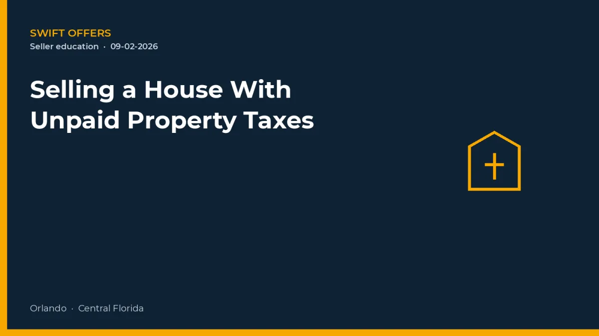 Navy editorial graphic with a tax-document outline for unpaid property taxes