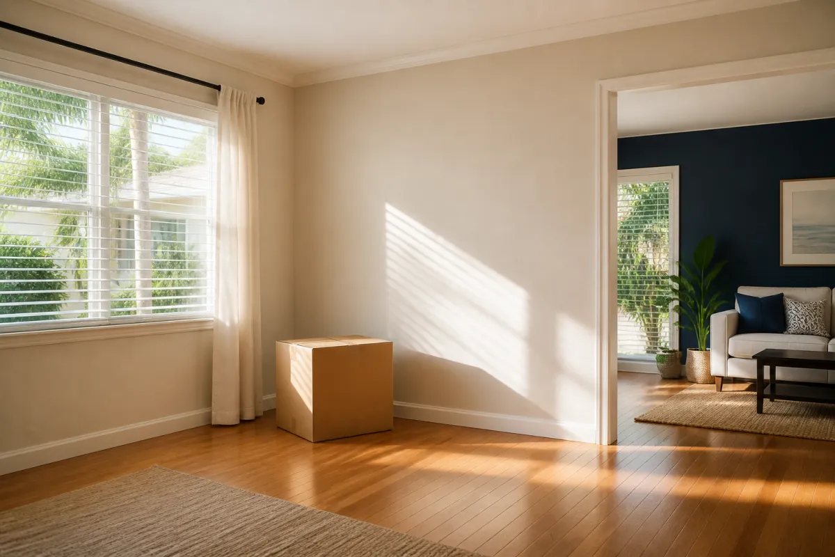Empty sunlit Orlando living room with a moving box near the window