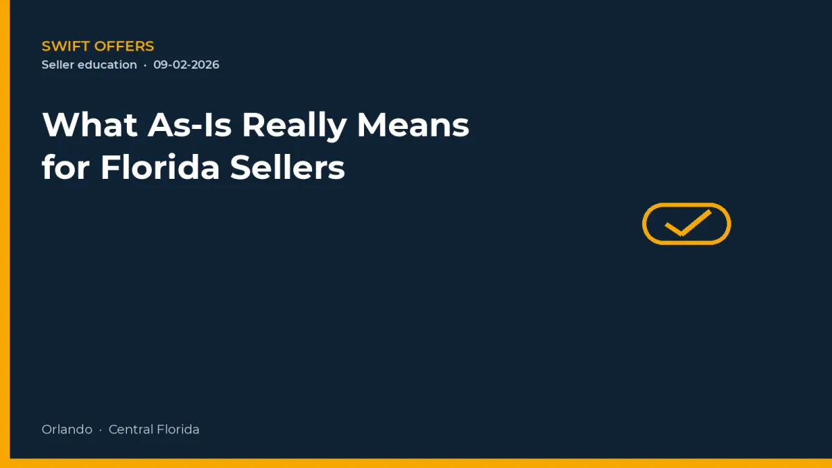 Navy editorial graphic with a simple check badge for what as-is means for Florida sellers