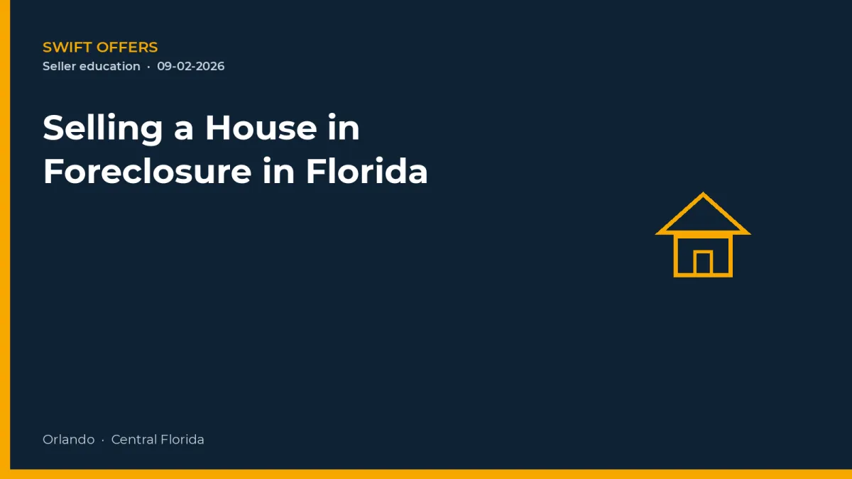 Navy editorial graphic with a simple house outline for selling a house in foreclosure in Florida
