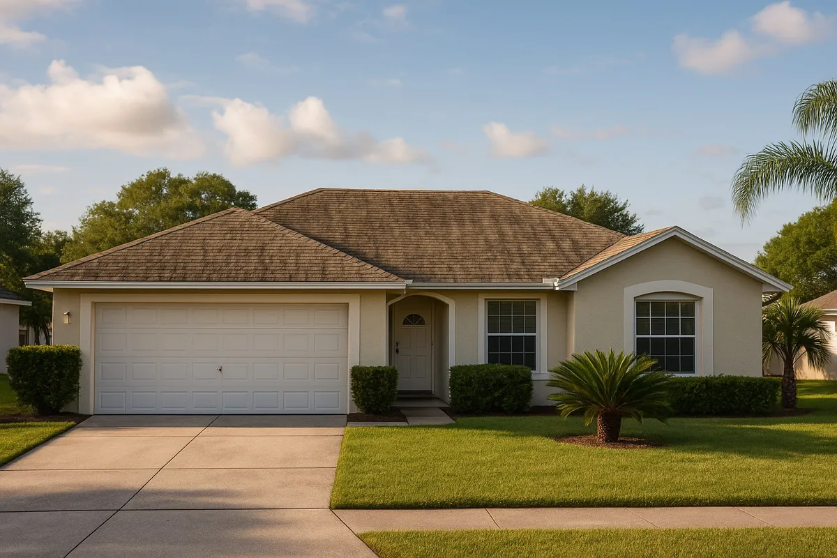 Central Florida suburban house exterior with an aging asphalt shingle roof for a seller education guide