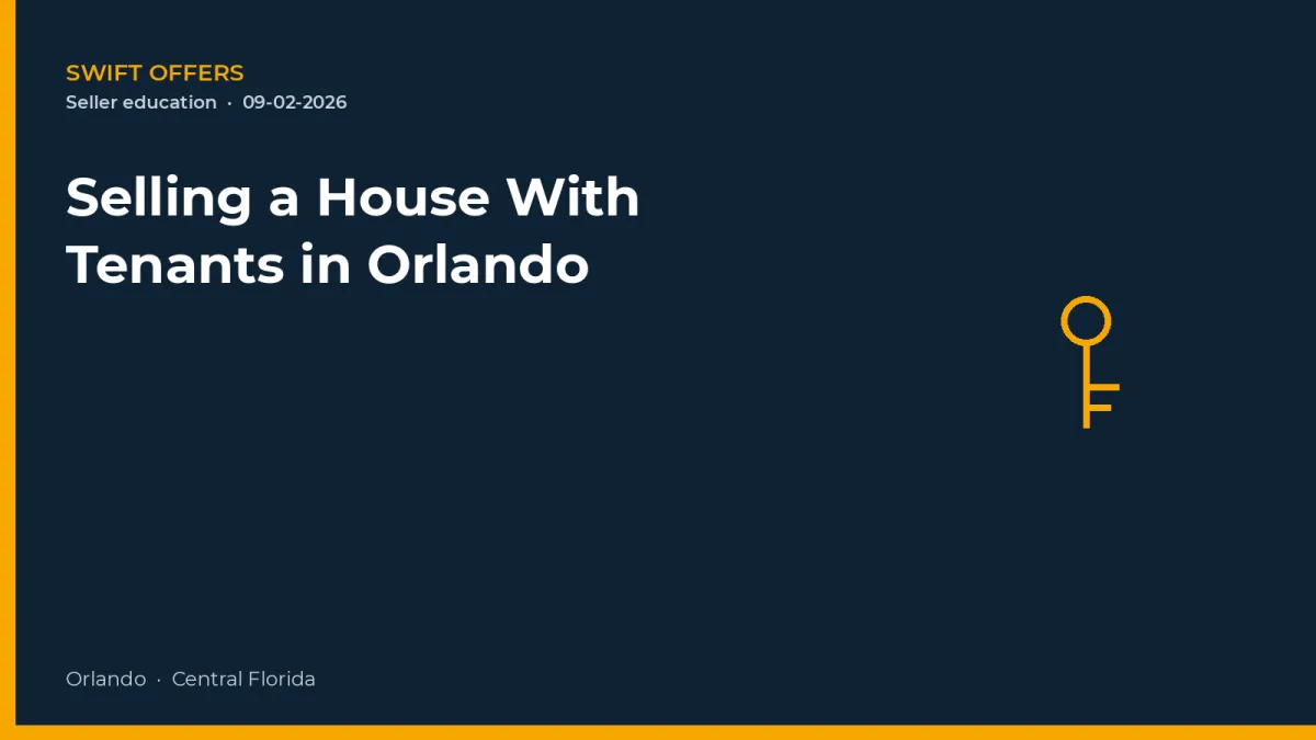 Navy editorial graphic with a key outline for selling a tenant-occupied house in Orlando