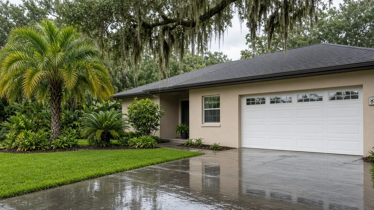 Central Florida suburban house exterior after rain for a seller guide on mold and water damage