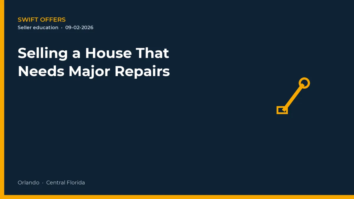 Navy editorial graphic with a wrench outline for selling a house that needs major repairs
