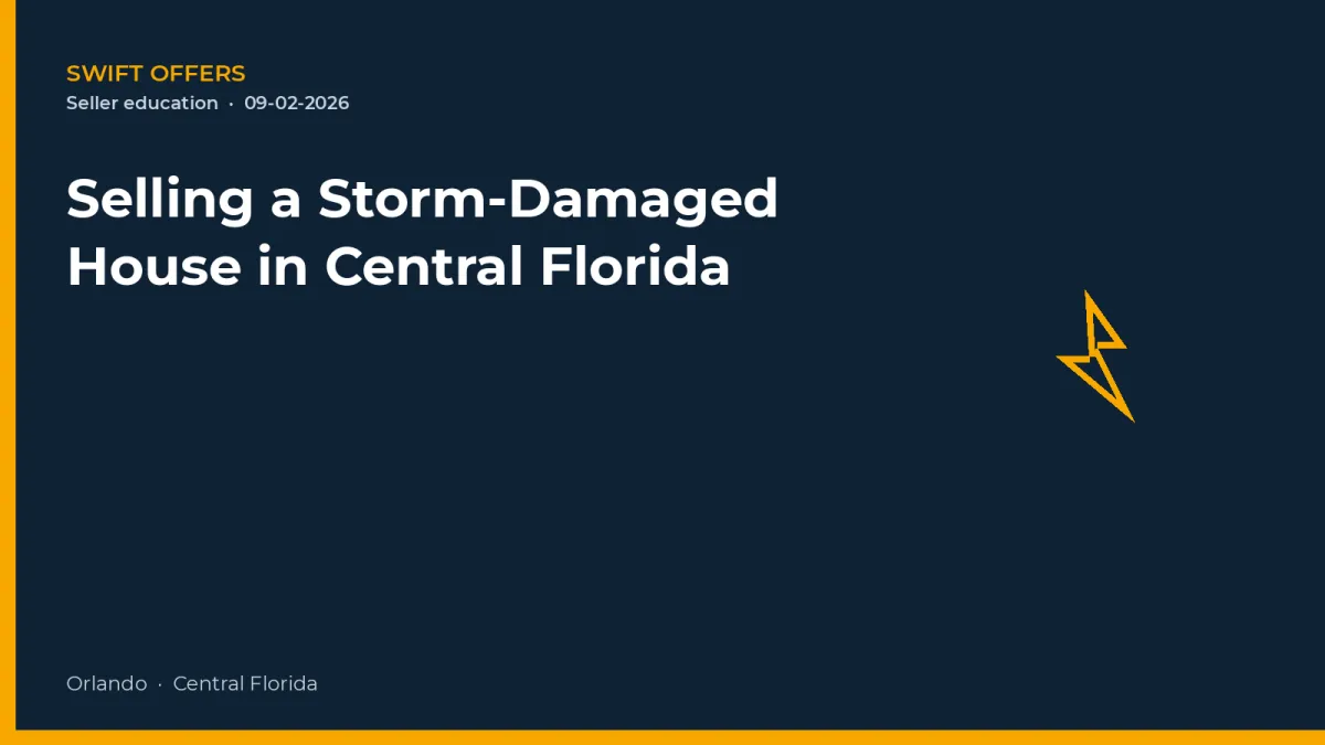 Navy editorial graphic with a lightning outline for selling a storm-damaged Central Florida house