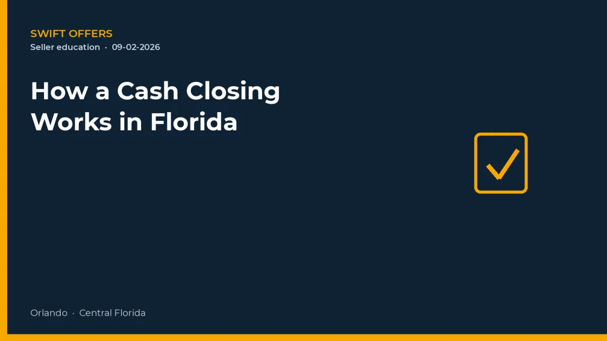 Navy editorial graphic with a checklist outline for how a cash closing works in Florida