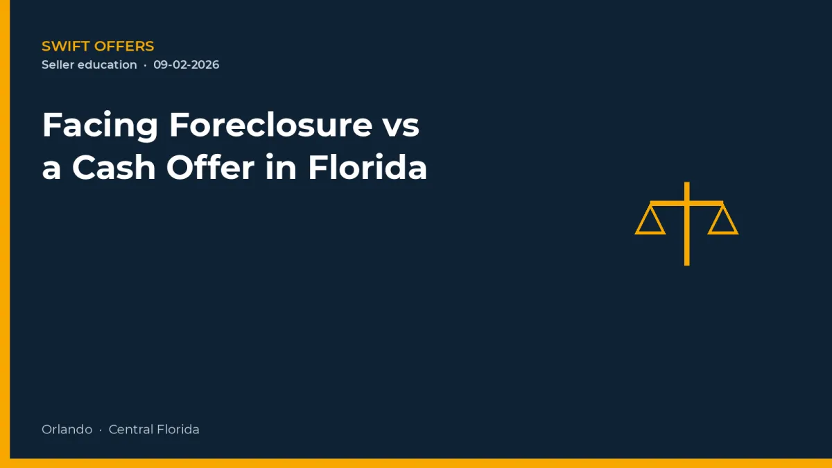 Navy editorial graphic with a balance-scale outline comparing foreclosure and a cash offer
