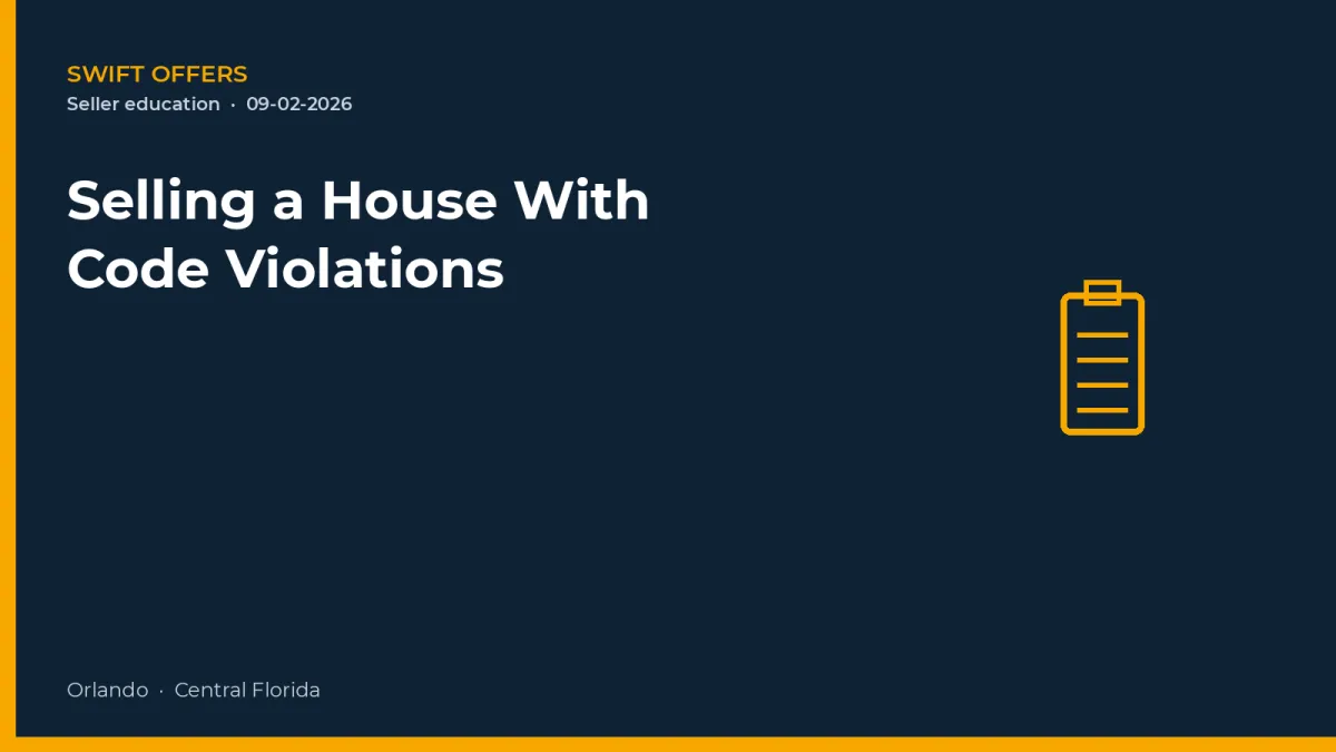 Navy editorial graphic with a clipboard outline for selling a house with code violations