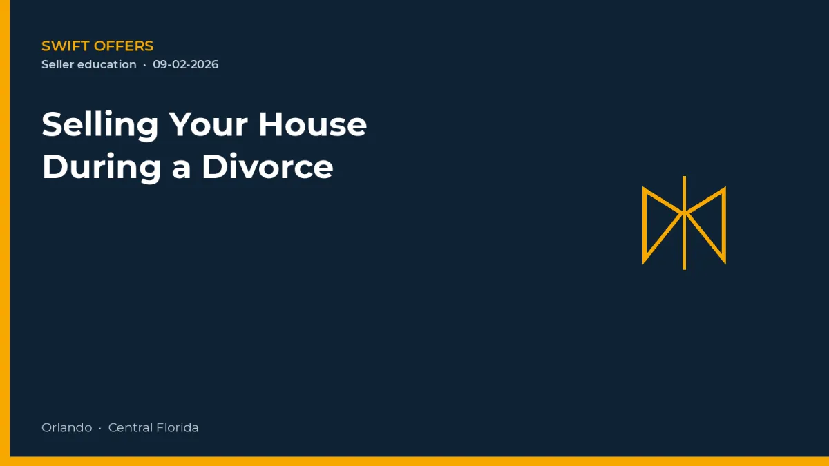 Navy editorial graphic with a split-house outline for selling during a divorce in Florida