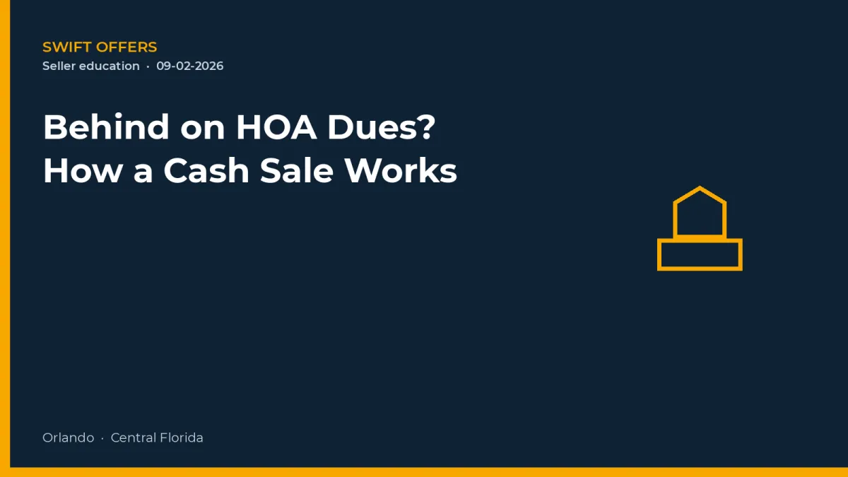 Navy editorial graphic with a simple townhome outline for HOA dues and a cash sale