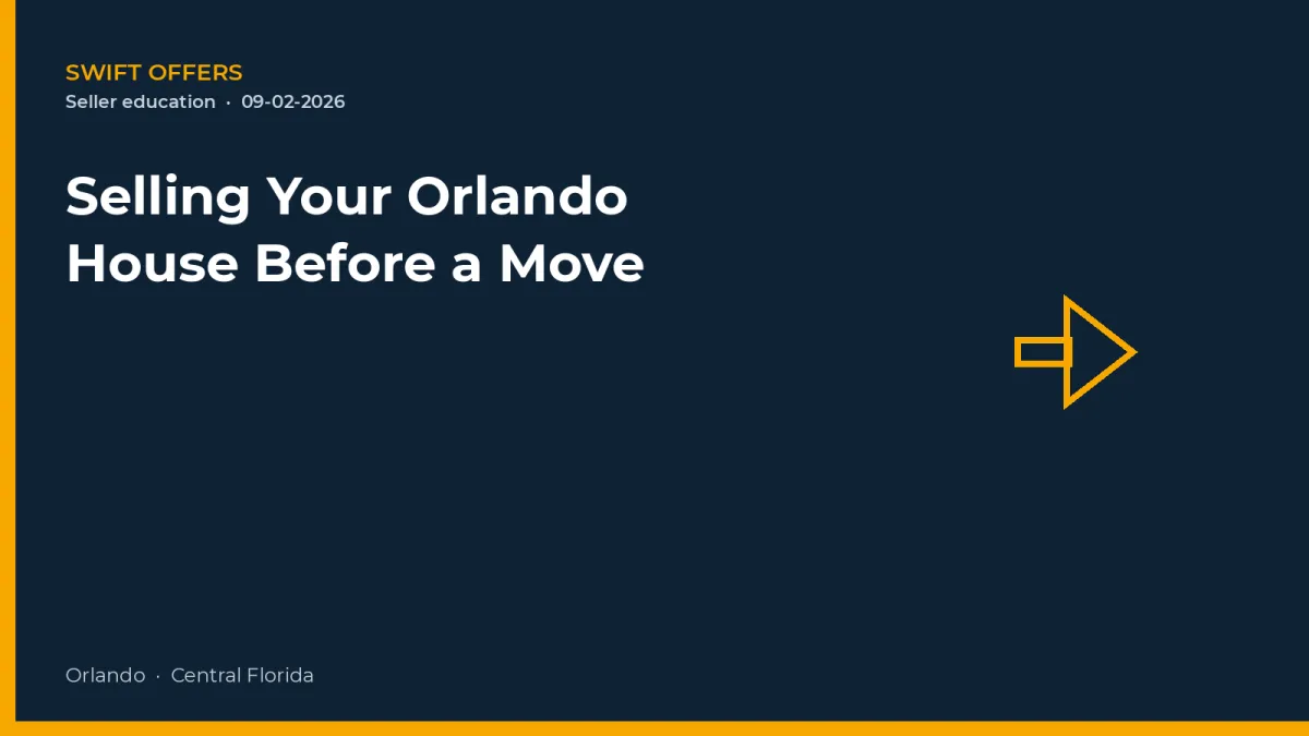 Navy editorial graphic with an arrow outline for selling an Orlando house before a relocation
