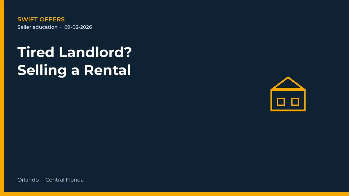 Navy editorial graphic with a small duplex outline for selling an Orlando rental