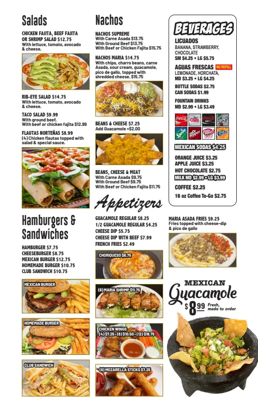 Ay Maria Restaurant | Appetizers, Hamburger and Sandwiches, Salas, Nachos, Beverages Menu