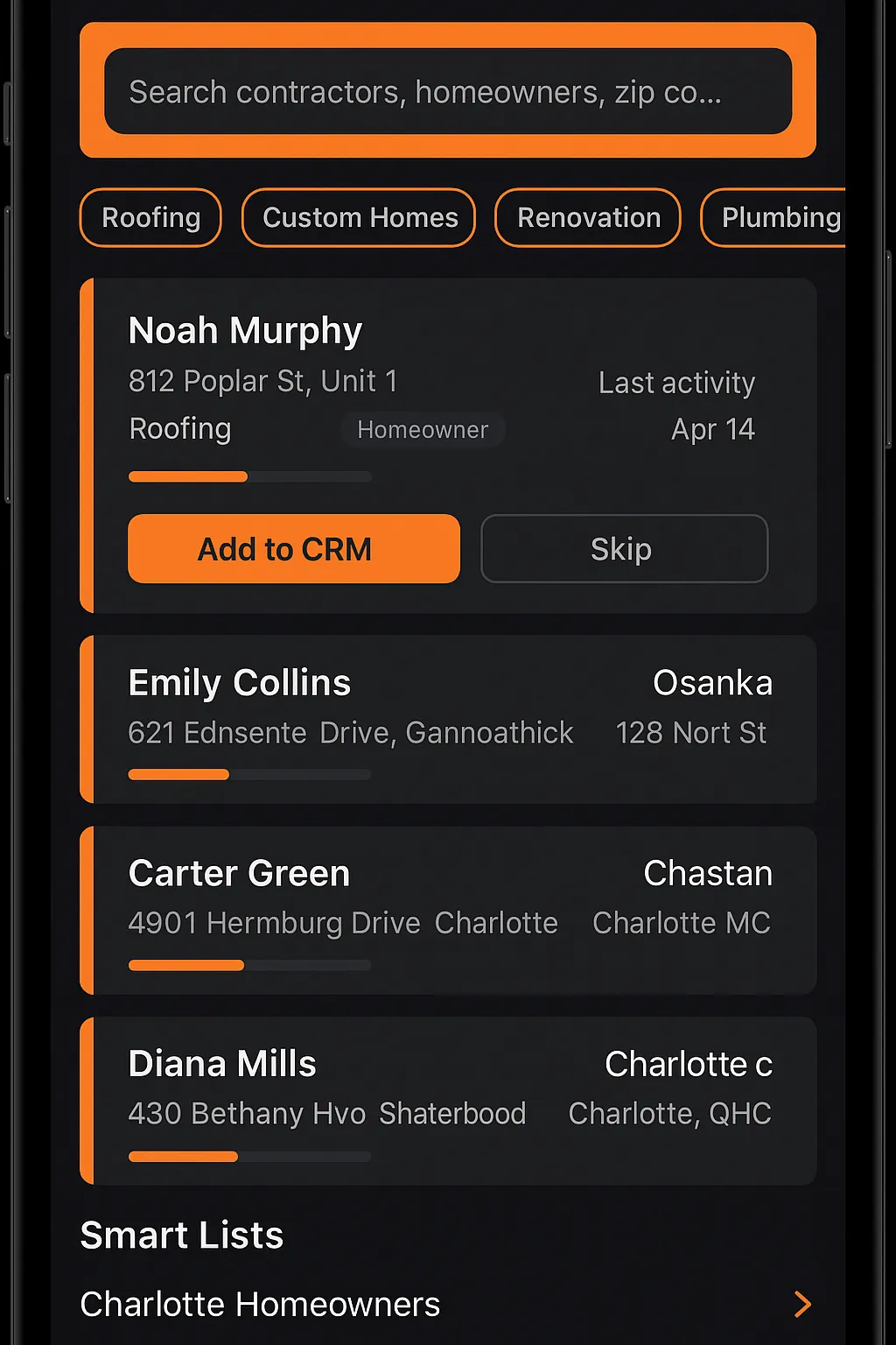 Phone mockup showing Prospecting screen, dark mode, orange header, search filters for Roofing in Charlotte NC, homeowner prospect cards.