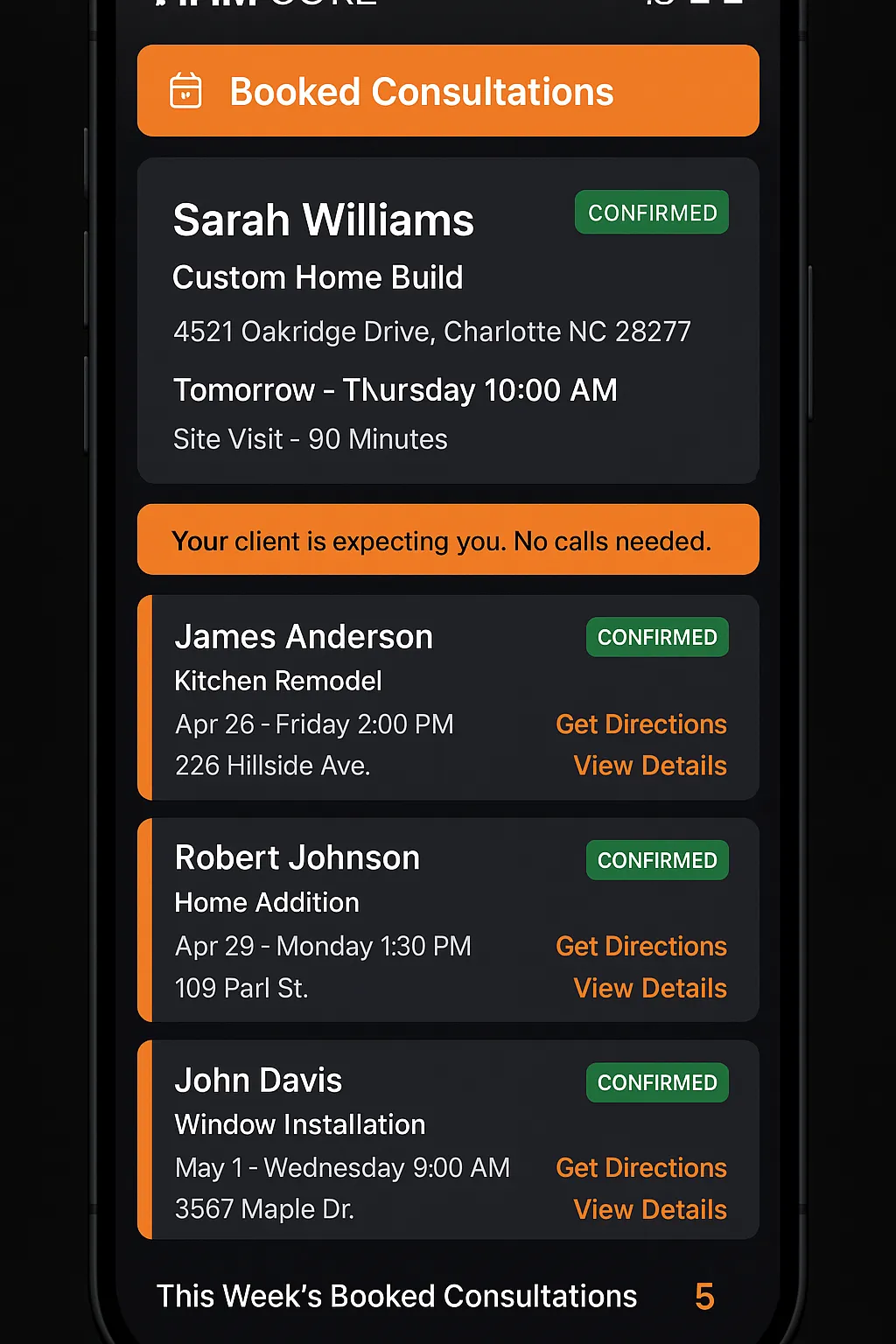 Phone mockup showing Booked Consultations, dark mode, orange header, confirmed appointment cards with green badges.