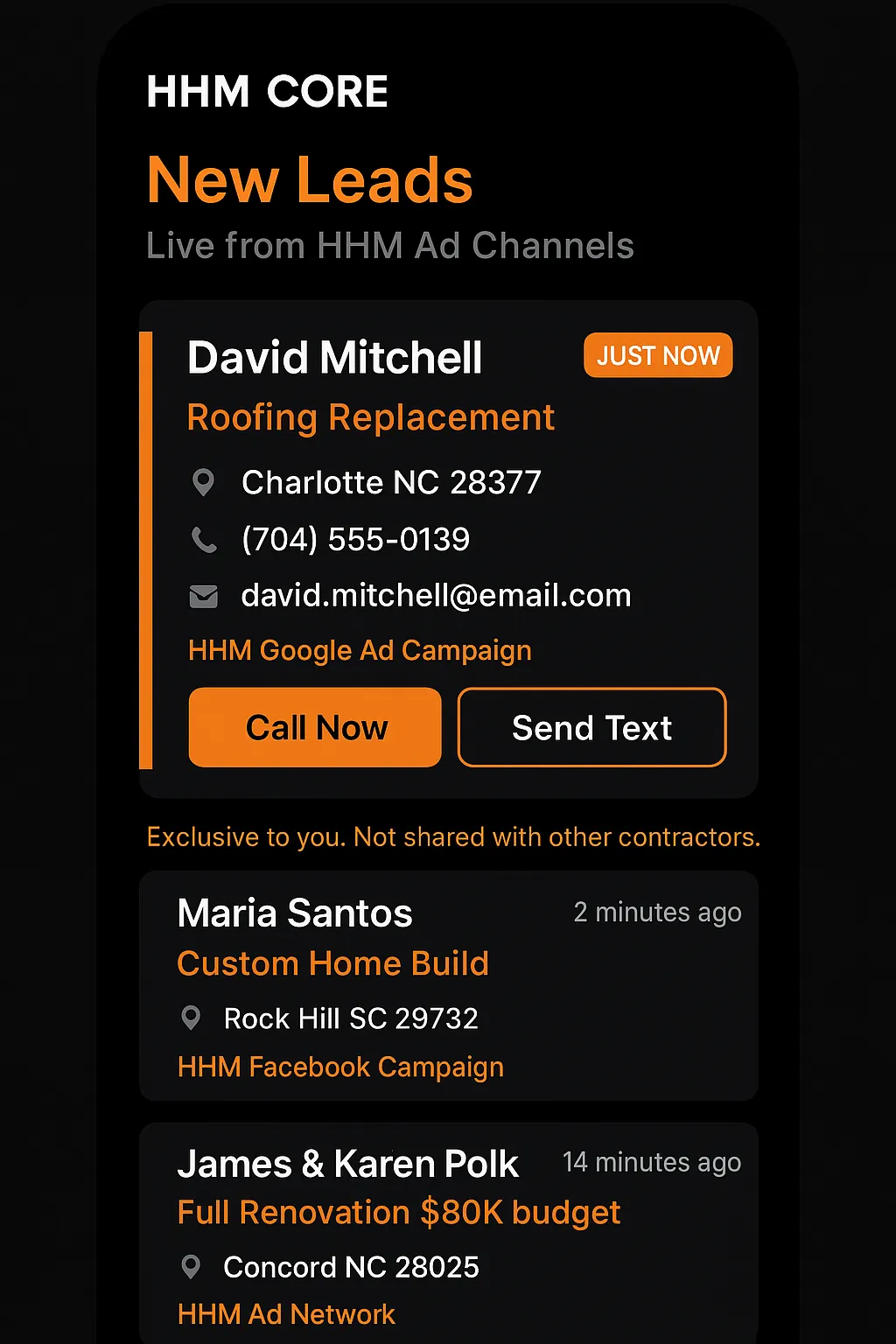 Phone mockup showing Inquired Leads dashboard, dark mode, orange header, new lead alerts in Charlotte NC.