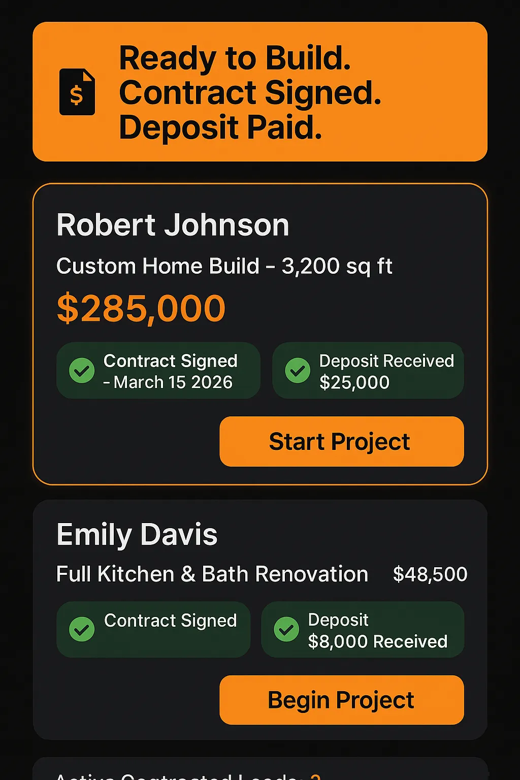 Phone mockup showing Contracted Leads, dark mode, orange header, gold crown icon, $340,000 project with signed contract and deposit received badges.