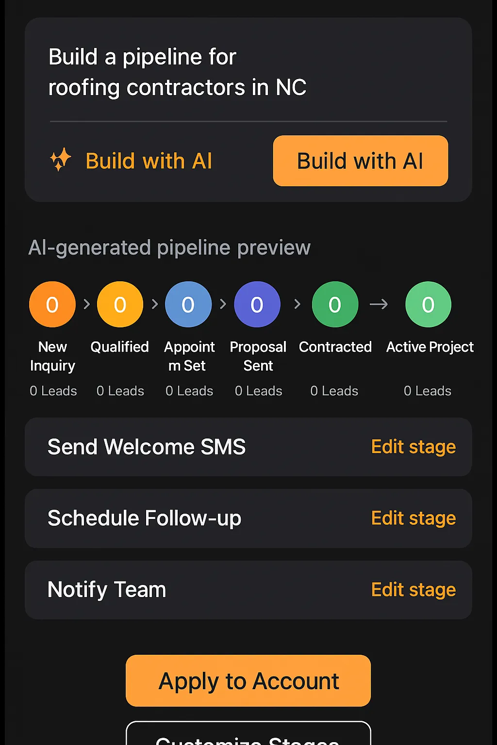 Phone mockup showing My Pipeline, dark mode, orange header, horizontal stage tabs with leads in active stages, drag and drop cards.