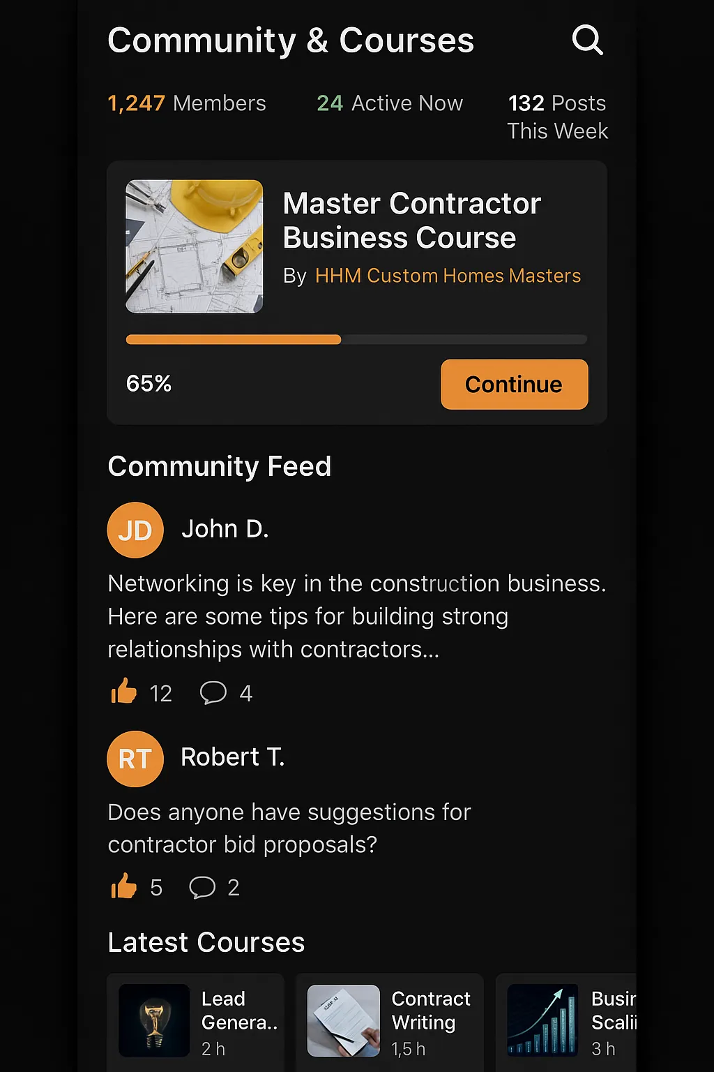 Dark phone screen, orange header Reputation, 4.8 rating stars 247 reviews, Google Facebook BBB cards, recent reviews, Reply with AI button