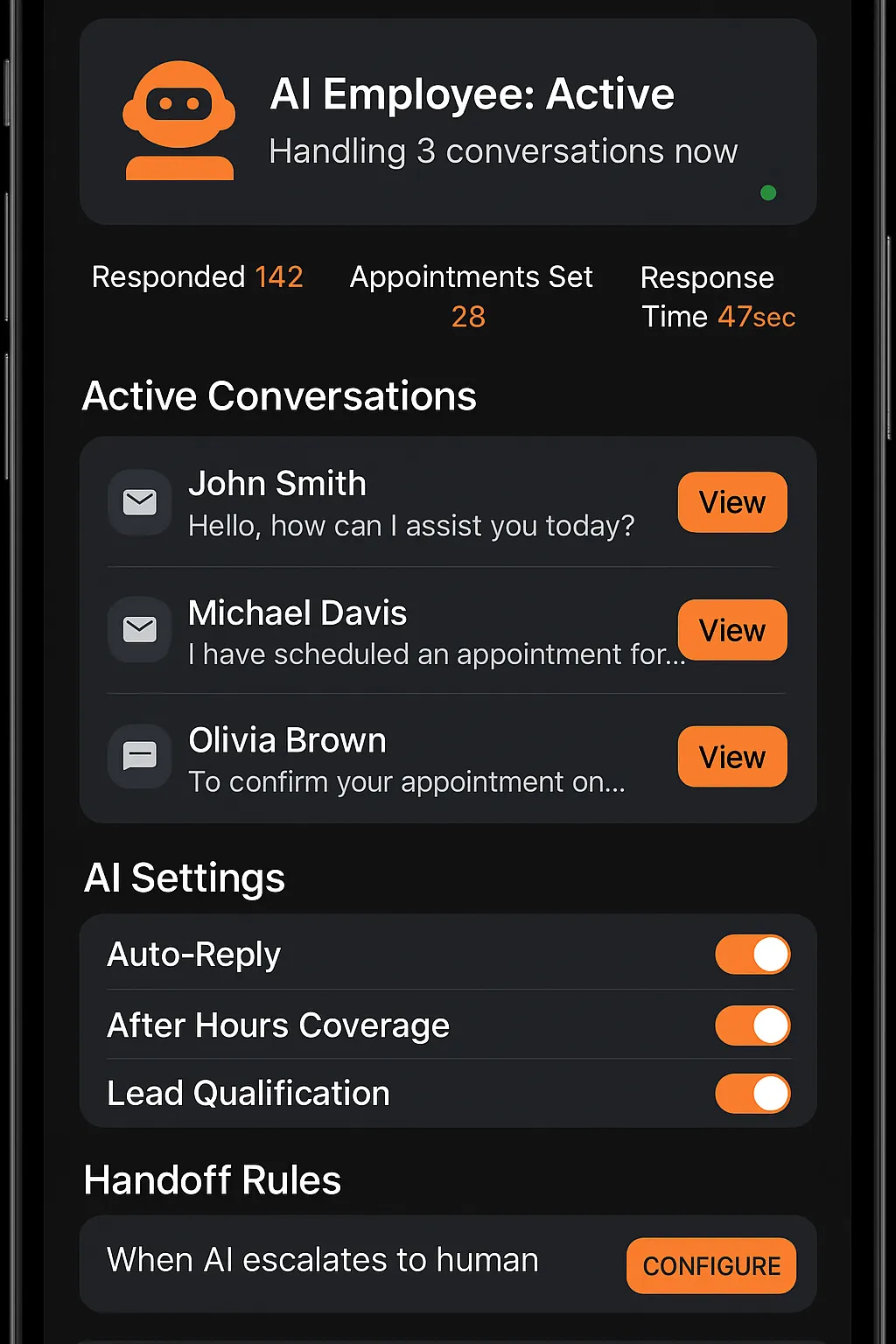 Phone mockup showing HHM CORE AI Employee app UI