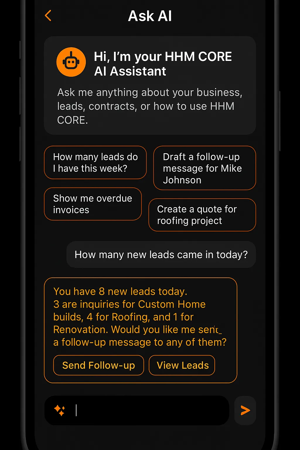 Phone mockup showing Ask AI Assistant querying business data