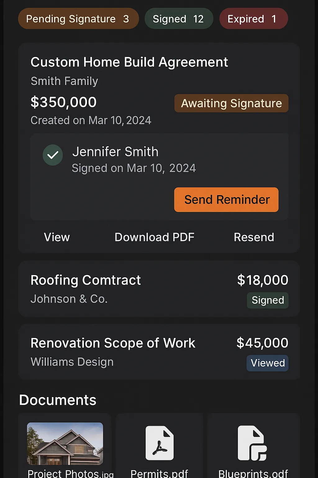 Contracts and E-Signatures Mobile App Mockup