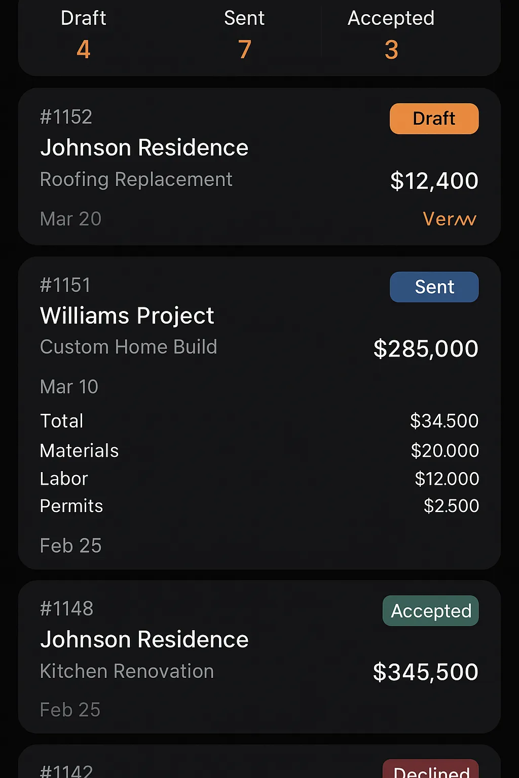 Quotes and Estimates Mobile App Mockup