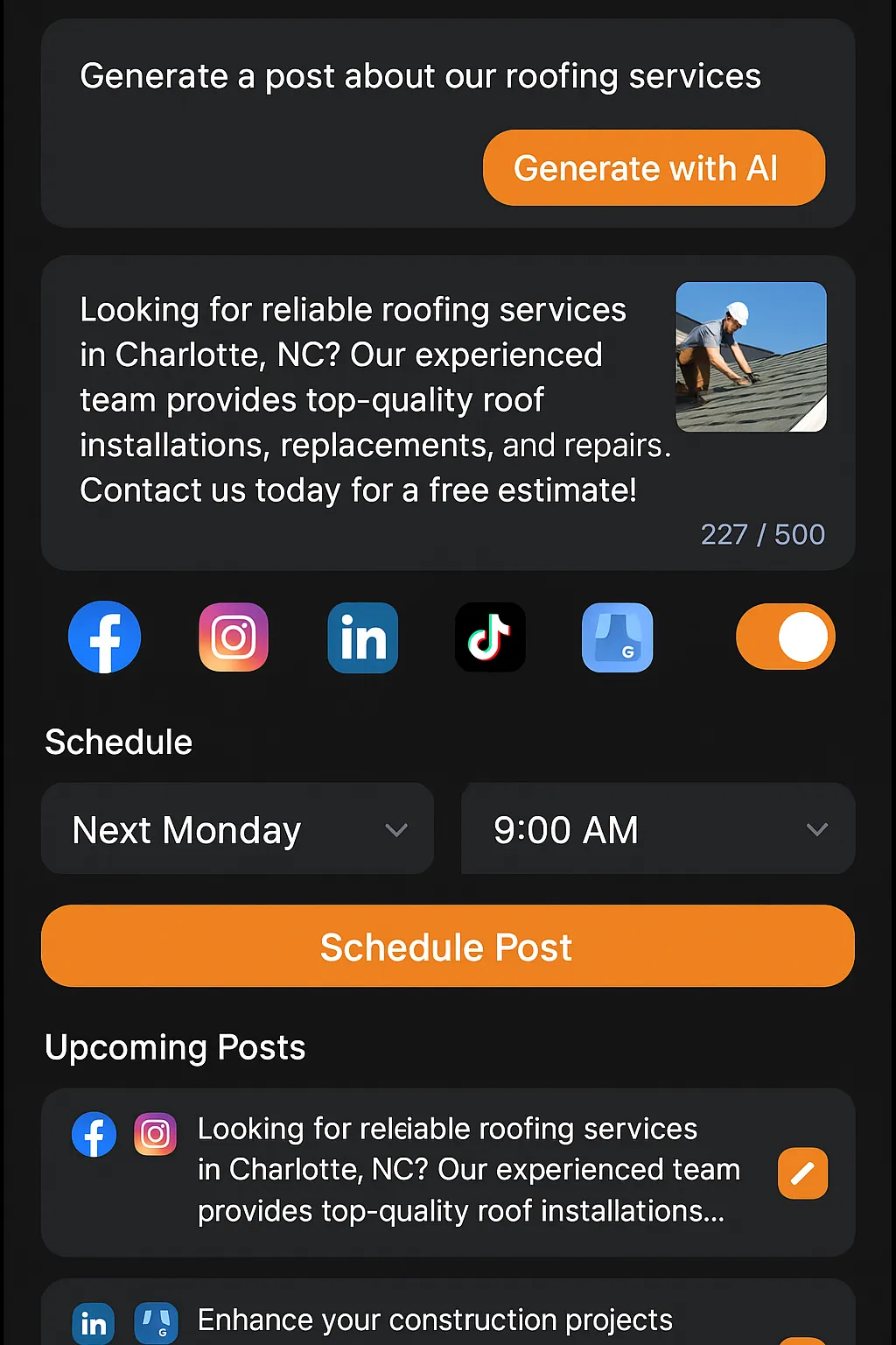 Phone mockup showing AI Social Media Planner creating posts