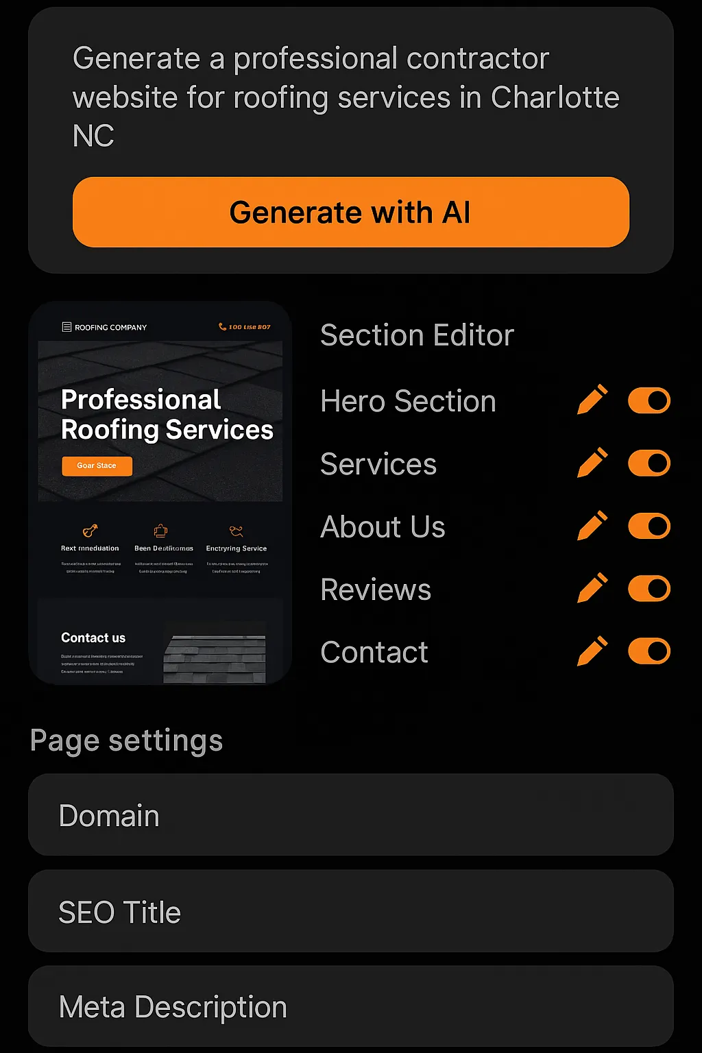 Phone mockup showing AI Site Builder generating a contractor website
