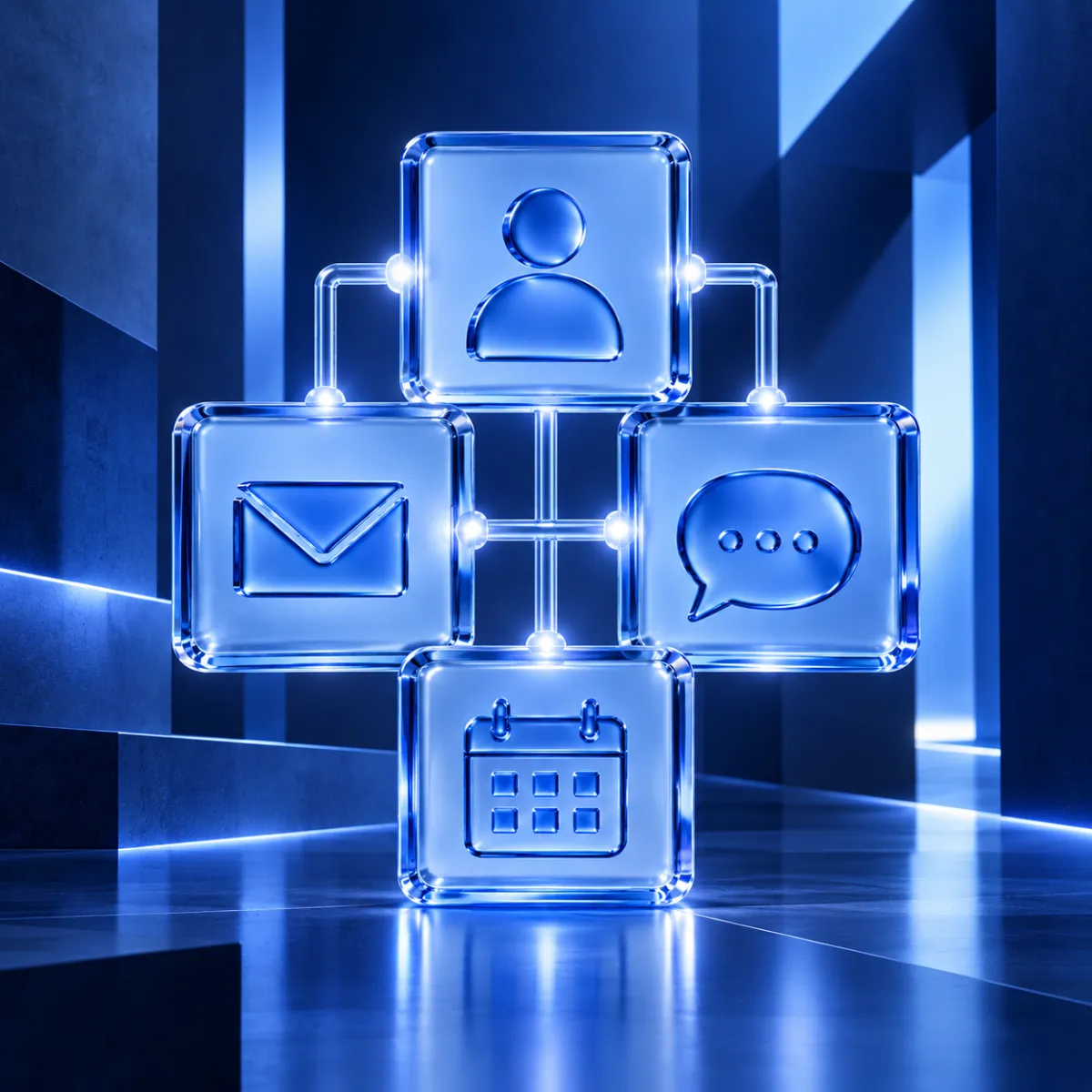 Conceptual blue glass icons connecting inquiries, conversations, appointments and customer information.