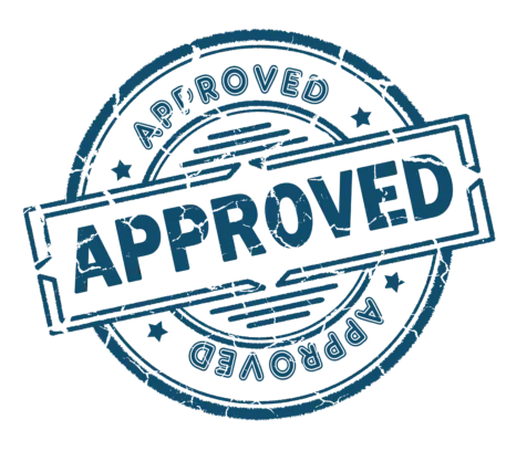 A large round graphic resembling an ink stamp, colored dark blue, with the word 'APPROVED' across the center and stars around the edge