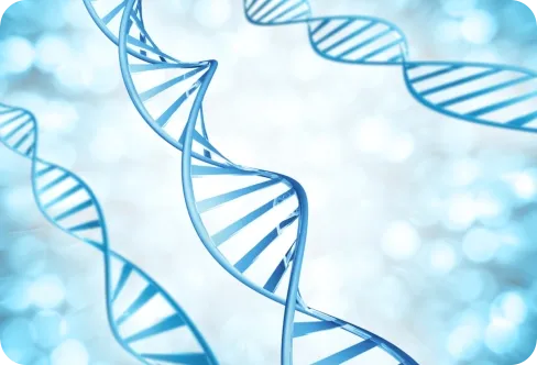 A glowing blue 3D rendering of a DNA double helix
