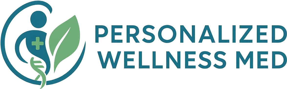 Logo featuring a stylized green leaf and blue abstract figure, with text 'PERSONALIZED WELLNESS MED' in teal and dark blue