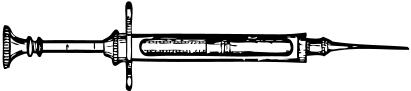 Small black and white illustration of a medical syringe