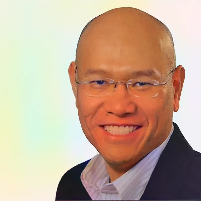 A circular headshot photograph of Dr. Matt Pham, a bald man smiling in a dark suit, set against an abstract backdrop of scattered blue triangles