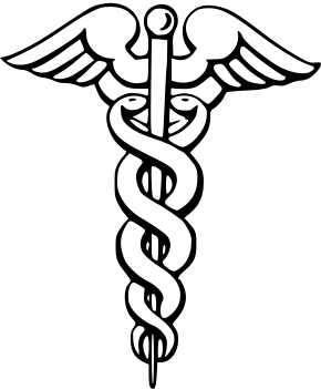 White line-art illustration of a medical caduceus symbol featuring winged staff and intertwined snakes