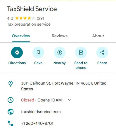TaxShield Service Fort Wayne Google reviews