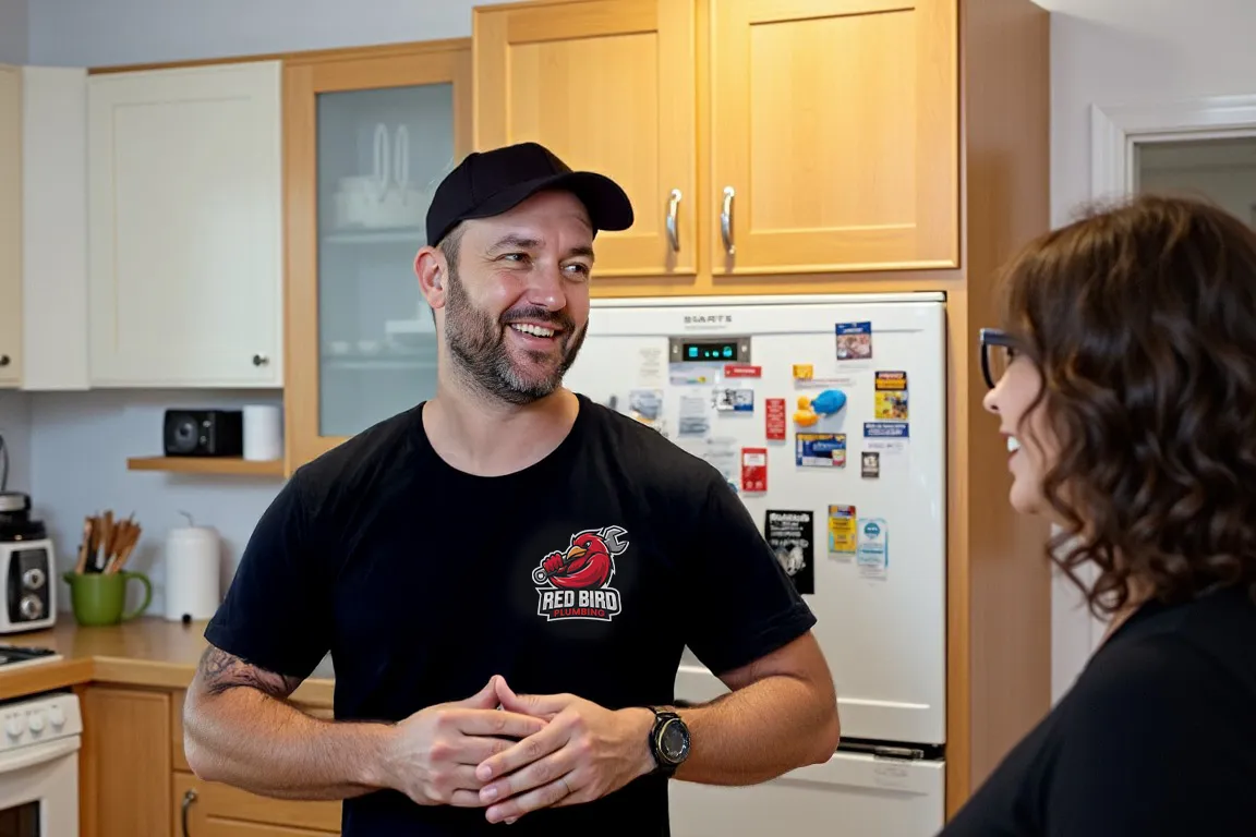 Plumbing talking to woman in kitchen. 