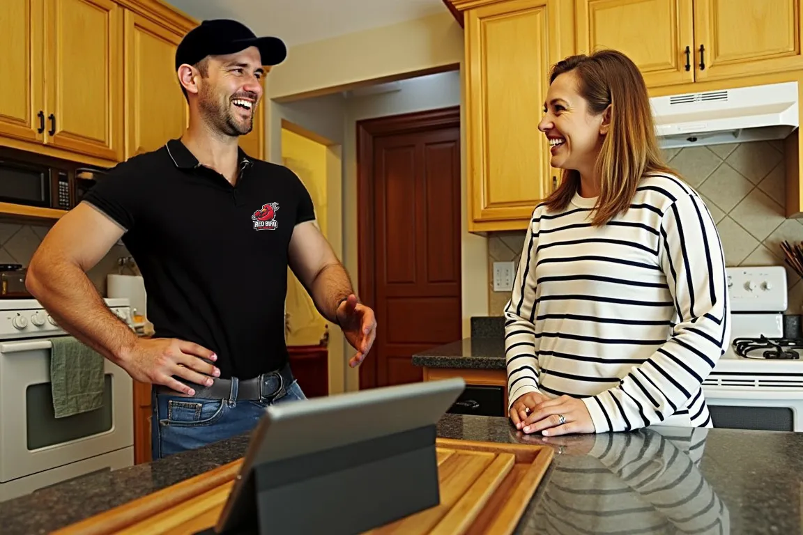 Plumbing talking to woman in kitchen. 