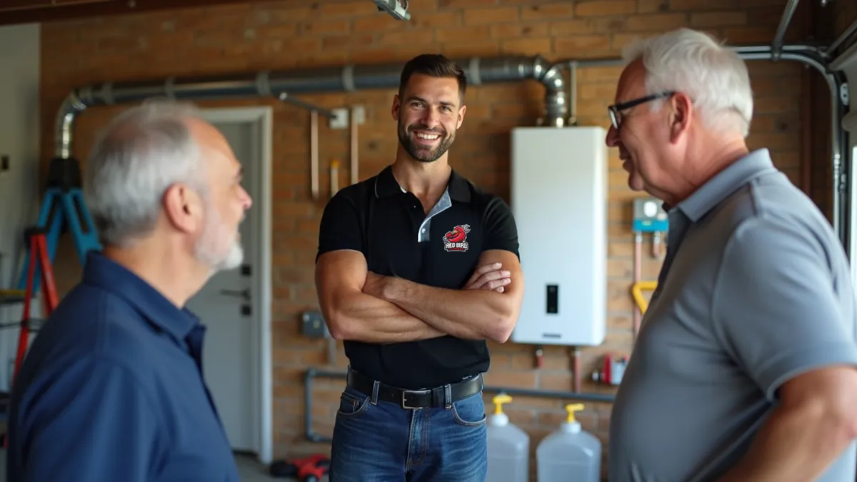Plumbing talking to woman in kitchen. 